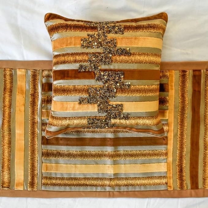 The HomeCentric King/Queen/Twin Gold & Brown Decorative CA King 86"x18" Bed Runner Without Pillow Cover, Striped, Beadwork & Handmade Bed Scarf on Velvet Fabric - Streamlined