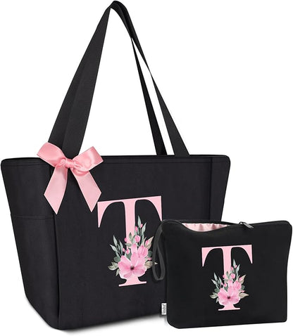 Vavabox Tote Bag, A-Z Initial Monogrammed Waterproof Tote Bag, Bridesmaid Gifts for Women, Black and Pink