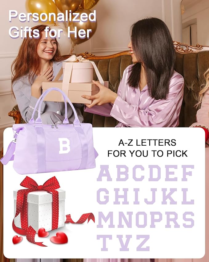 Daughter Niece Gifts for Teen Girl Kids, Initial Travel Duffel Bag Sports Gym Bag Personalized Gifts Weekender Bag，Monogram Overnight Bag Cute Dance Bag Birthday Bridesmaid Gifts for Women(Purple, B)