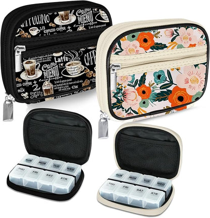 Serfeymi Weekly Travel Pill Organizer Pill Case for Purse with Removable 7 Day Pill Box, Fashionable Travel Medicine Organizer Pill Container for Medicine, Vitamin, Supplement - Black 02 + Bloom 01