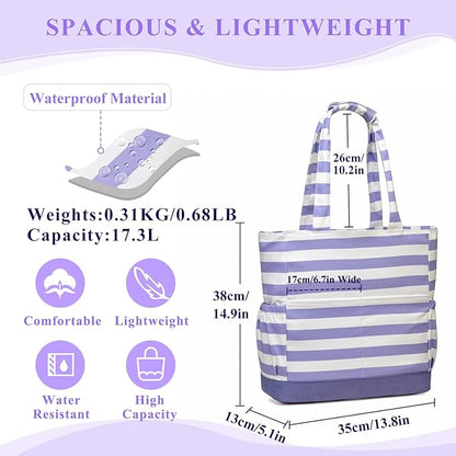 VASCHY Beach Bag for Women, Large Waterproof Sandproof Fold-able Packable Pool Tote Bag w Zipper/Pockets