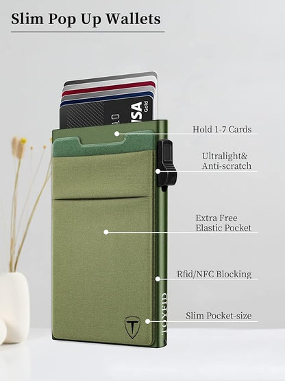 Slim Wallet for Men,Pop Up Credit Card Wallet Aluminum Minimalist RFID Blocking Smart Card Holder with Cash Slot for Front Pocket,6-12 Card Capacity, Green