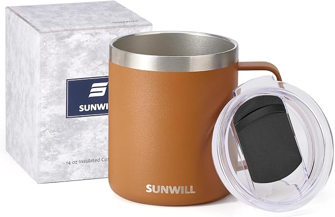 SUNWILL Insulated Coffee Mug, Stainless Steel 14 oz, Splash-Proof Lid | Keeps