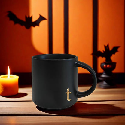 COLLECTIVE HOME Black Ceramic Coffee Mug, 15 oz Golden Monogram Tea Cup |