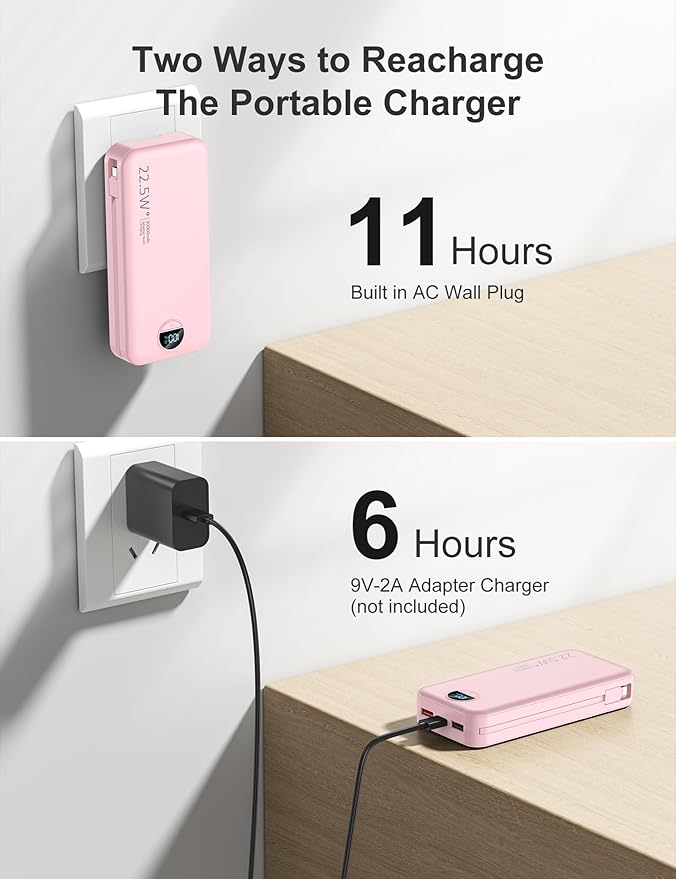 20000mAh Ultra-Portable-Charger-Power-Bank with Built in Cables&AC Wall Plug,PD20W USB-C Fast Charging Cell Phone Charger Battery Pack,LED Display Travel Battery Bank for All iPhone,Samsung,Android