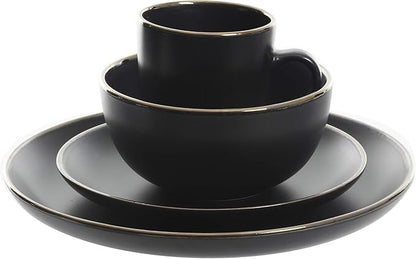 Gibson Home Rockaway Round Stoneware Dinnerware Set, Service for 4 (16pcs), Black/Gold Rim