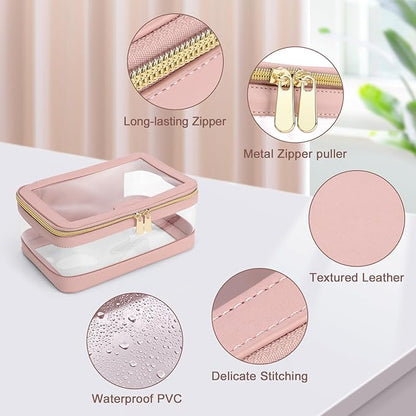 Travel Clear Makeup Bag with Makeup Brush Bag, Leather Makeup Case Toiletry Bag, Portable Cosmetic Bag Case, Transparent Waterproof Cosmetic Organizer Storage Bag for Women, Pink
