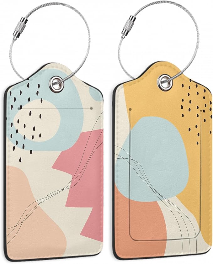 Abstract Lines and Curves 2 Pack Luggage Tag for Suitcase, Cute Unique Leather Bag Tags Identifiers Privacy Cover ID Label with Durable Steel Loop for Women Men Kids Girls Travel