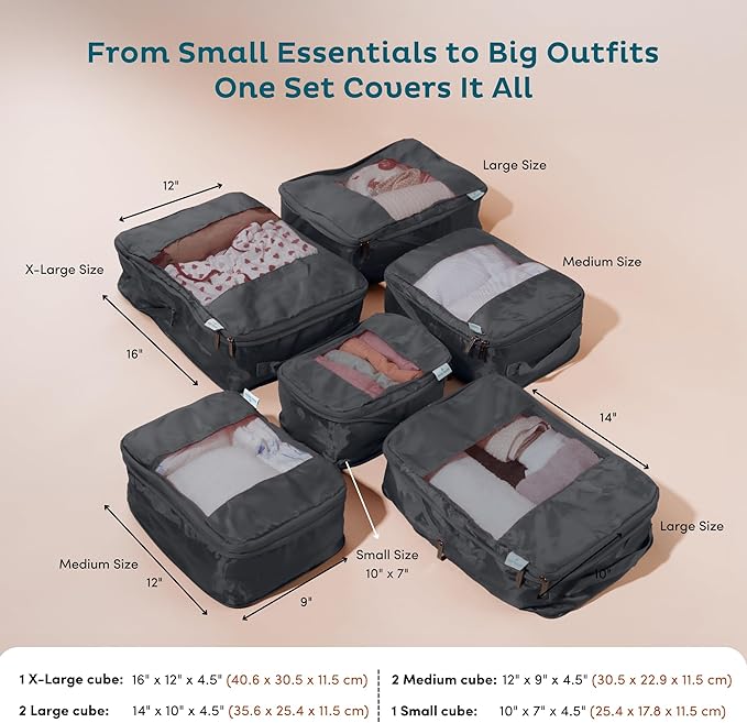 6-Pack Compression Packing Cubes Travel Essentials - Lightweight, Water-Resistant Luggage Organizer Bags with Handles, Durable Travel Accessories Suitcase Organizer (Charcoal)