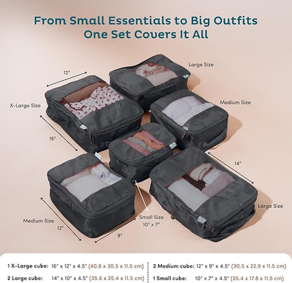 6-Pack Compression Packing Cubes Travel Essentials - Lightweight, Water-Resistant Luggage Organizer Bags with Handles, Durable Travel Accessories Suitcase Organizer (Charcoal)