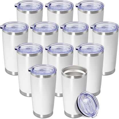 20 oz Tumbler Coffee Tavel Tumblers Bulk with Lid Stainless Steel Double Wall Vacuum Insulated Mug Powder Coated Cups fit Car Cupholder for Hot and Cold - White, 12Pack