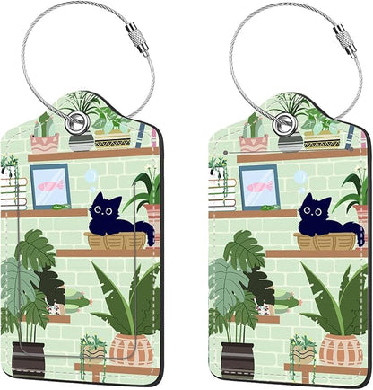 2 Pcs Luggage Tags for Suitcase, Cute Unique PU Leather Travel Bag Tag with Privacy Cover ID Label Address Card and Durable Metal Ring Suitable for Men Women Children Backpack,Cat On The Shelf