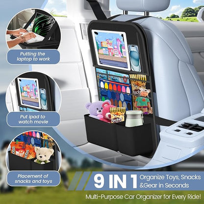 Car Backseat Organizer with table Tray, 9 Storage Pockets Backseat Car Organizer with Tablet Holder, Back seat Organizer for Kids Road Trip Essentials Travel (1Pack)