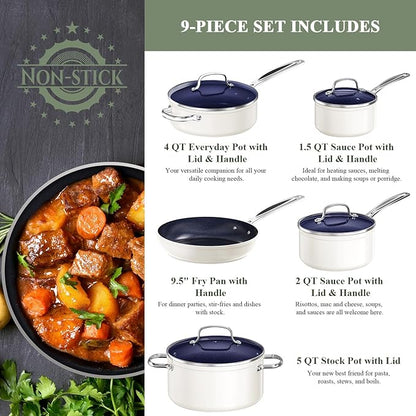 Nuwave 9pc Cookware Set Healthy Duralon Blue Ceramic Nonstick Coated, Diamond Infused Scratch-Resistant, PFAS Free, Oven Safe, Induction Ready & Evenly Heats, Tempered Glass Lids & Stay-Cool Handle