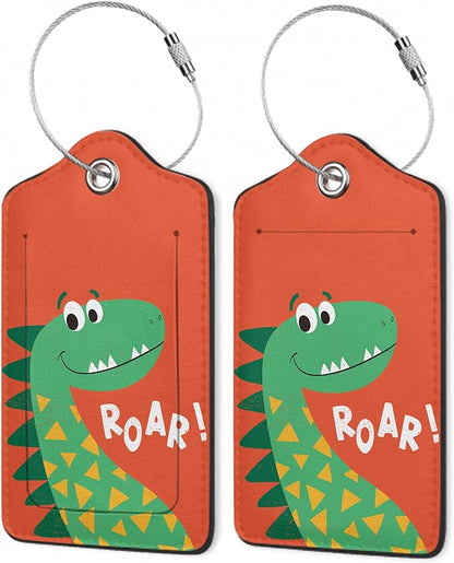 2 Pack Luggage Tags,Leather Suitcase Tags with Privacy Cover Name Address Labels& Durable Steel Loop for Men/Women Travel Bag Suitcases(Cute Cartoon Dinosaur)
