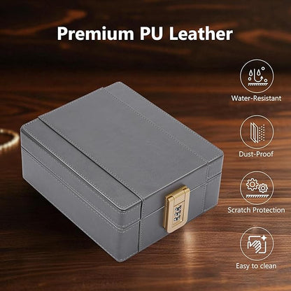 BISON DENIM Watch Box, 4 Watch Travel Case with Combination Lock - PU Leather Men's Watch Storage Box & Jewelry Organizer with Ring Slots & Necklace Hooks, Secure Travel Case, Grey