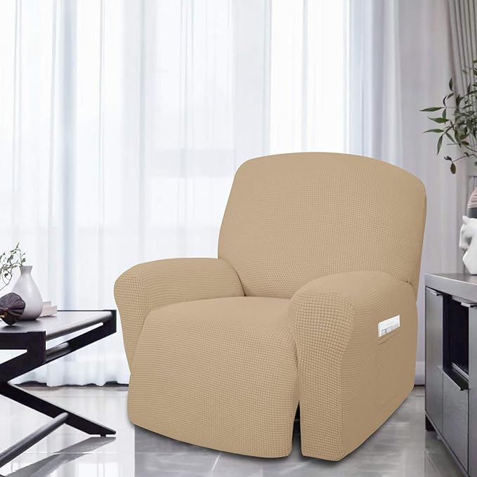 Easy-Going 4 Pieces Oversized Recliner Stretch Sofa Slipcover Sofa Cover Furniture Protector Couch Soft with Elastic Bottom Polyester Spandex Jacquard Fabric Small Checks Sand X-Large