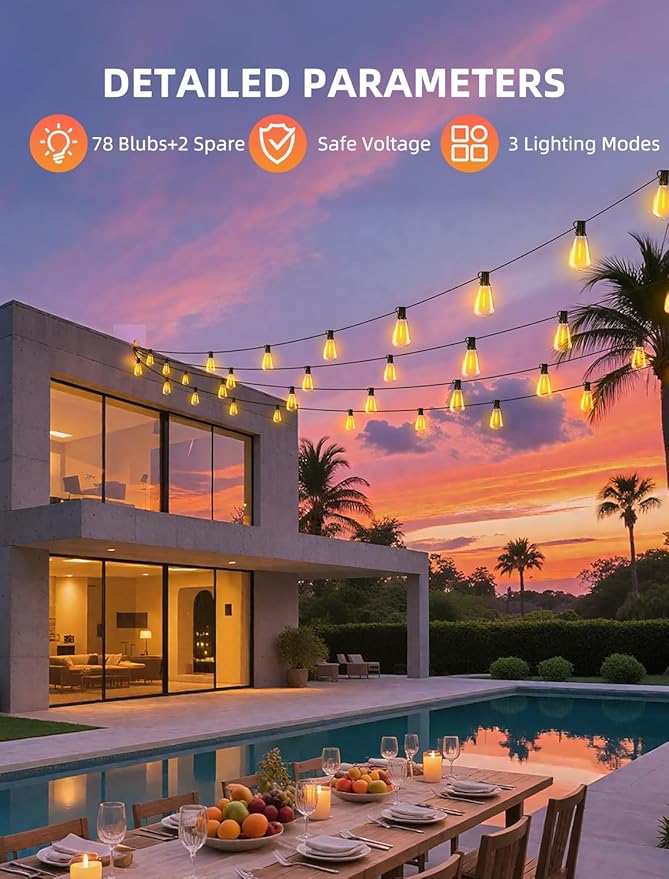Outdoor Patio String Lights: 200Ft 60M Outside Waterproof Light