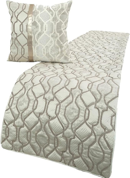 The HomeCentric King/Queen/Twin Ivory & Silver Decorative Full 68"x18" Bed Runner with Pillow Cover, Lattice & Quilted Bed Scarf on Jacquard Silk Fabric - Ivory Delicacy