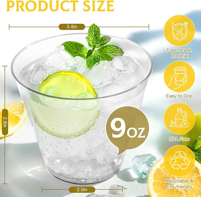 Glowserve 9 OZ Clear Disposable Plastic Cups Cocktail Cup 150 Pack | Fancy