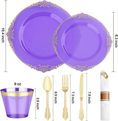 Bestluck 350PCS Purple Disposable Dinnerware