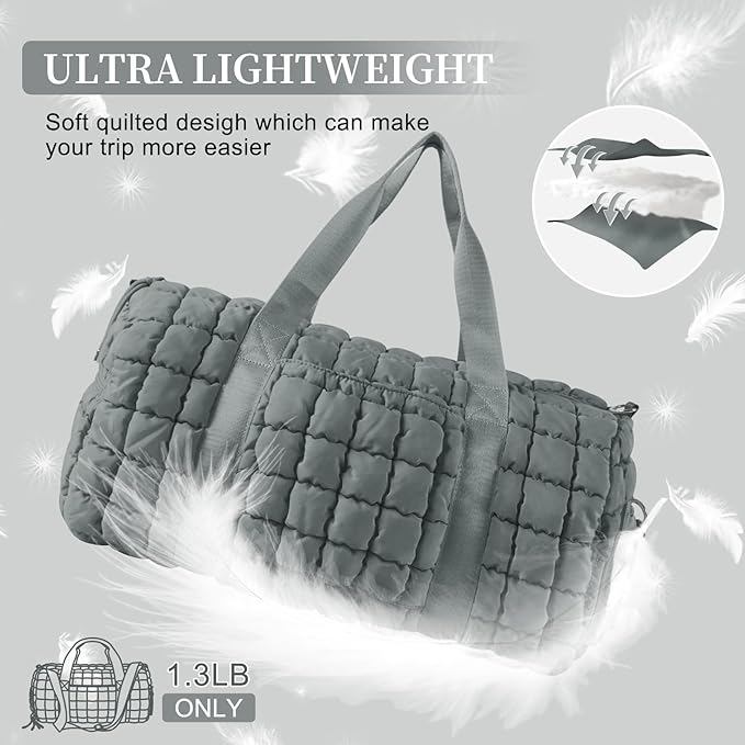 Quilted Travel Duffle Bag Gym Bag for Women,Large Puffer Duffle Weekender Bag with Compartment,Workout Overnight Carry on Organizer Bag Duffle Bag for Airplane Travel(Grey)