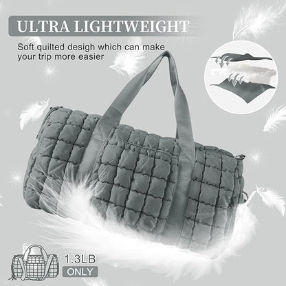 Quilted Travel Duffle Bag Gym Bag for Women,Large Puffer Duffle Weekender Bag with Compartment,Workout Overnight Carry on Organizer Bag Duffle Bag for Airplane Travel(Grey)
