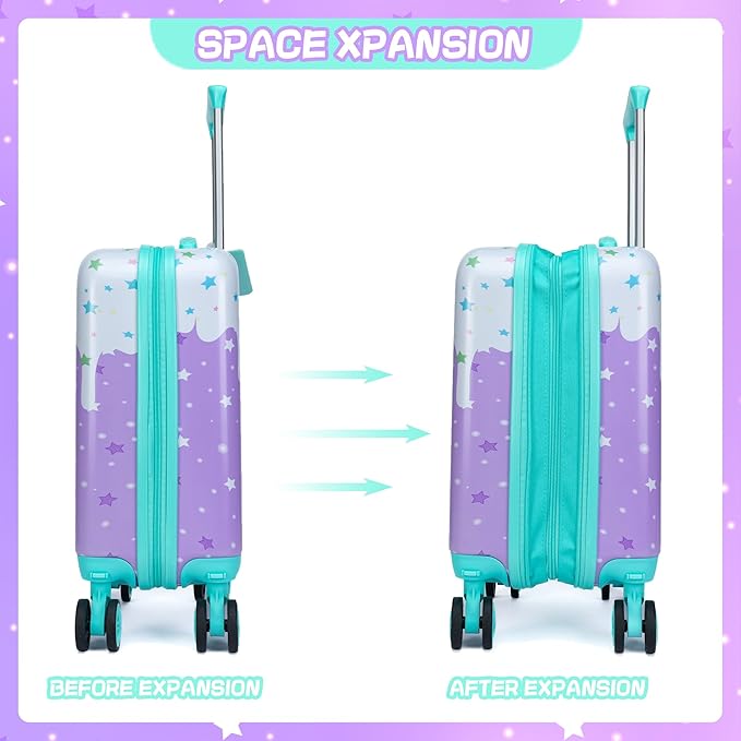 Cute Cat Kid’s Luggage Set 5 Piece Suitcase Set 16’’ Hardside Luggage with Spinner Wheels Girls Boys Carry on Toddler Luggage Travel Rolling Luggage Carry on Luggage Airline Approved
