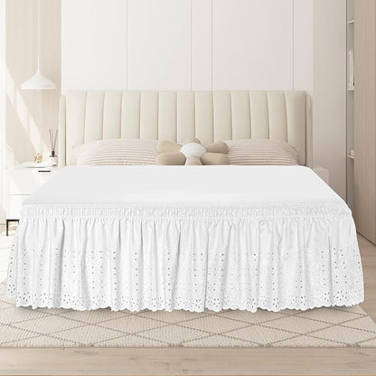 Queen Bed Skirt, Wrap-Around Elastic Ruffled Eyelet Bed Skirt Queen Size Dust Ruffle with Gathered Styling and Embroidered Details, 18" Drop Length (White)