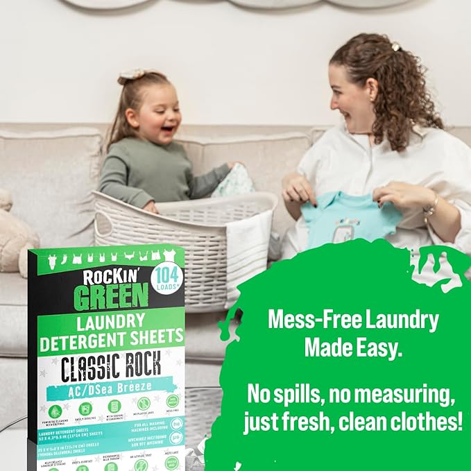 Rockin' Green Travel Laundry Detergent Sheets - Mess-Free Laundry Sheets Detergent Powerful Cleaning with Sodium Bicarbonate - Easily Dissolvable Laundry Soap Sheet (104 Loads, AC/DSea Breeze)