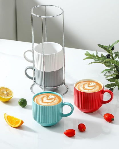 HASENSE Ceramic Coffee Mug Set of 4 - 15 oz Stacking Ribbed Latte Cups Set