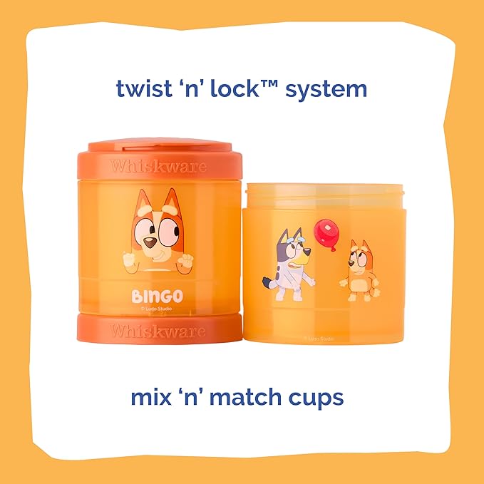 Whiskware Bluey Stackable Snack Containers for Kids and Toddlers, 3 Stackable Snack Cups for School and Travel, Bluey and Bingo, Hooray!