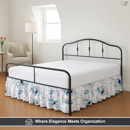 Cottington Lane Ruffled Bed Skirt King Size with Split Corner, Brushed Microfiber Hotel Quality Dust Ruffle, 15 Inch Drop Gathered Bedskirt, Soft, Stylish, Shrink & Fade Resistant, Blue Blossom