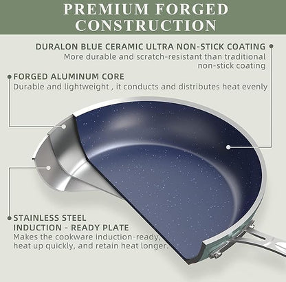 Nuwave Healthy Duralon Blue Ceramic Nonstick Coated 7pc Cookware Set, Scratch-Resistant Diamond Infused, PFAS Free, Induction Ready & Evenly Heats, Oven Safe, Tempered Glass Lids