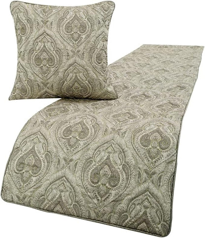 The HomeCentric King/Queen/Twin Grey Designer Full 68"x18" Bed Runner Without Pillow Cover, Quilted, Damask& Gold Zari Embroidery Bed Scarf on Silk Fabric - Winifred
