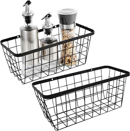 2 Pack Hanging Wall Basket Organizer Over the Cabinet Door Wire Baskets for Organizing -Space-Saving Hanging Baskets for Organizing Wall Mount Storage,No Drilling Adhesive Wall Storage Basket, Black