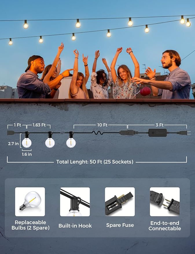 XMCOSY+ Patio Lights, Smart 50Ft Outdoor String Lights