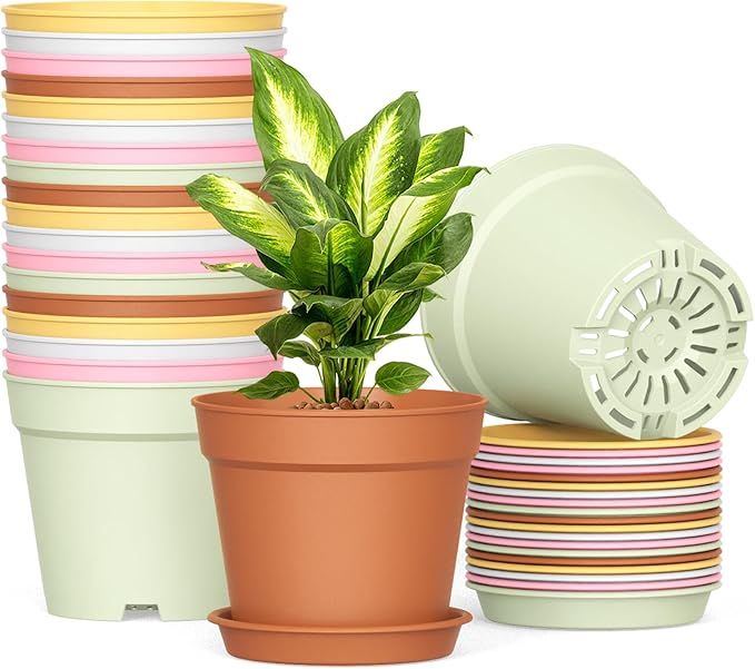 20 Pack 6 Inch Plant Pots with Drainage and Saucers, Stackable Nursery Planters