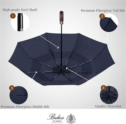Balios Travel Folding Umbrella with Real Wood Handle Auto Open Close Vented Windproof Canopy - Designed in UK