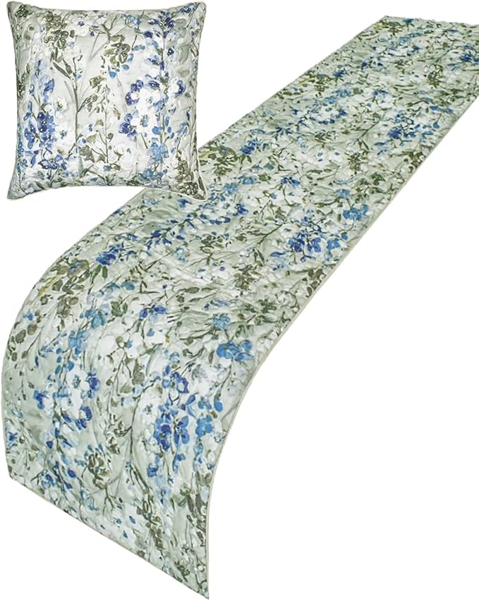 The HomeCentric King/Queen/Twin Blue Decorative Bed Runner CA King 86"x18" Bed Runner Without Pillow Cover, Quilted Bed Scarf on Cotton Fabric - Garden Grace