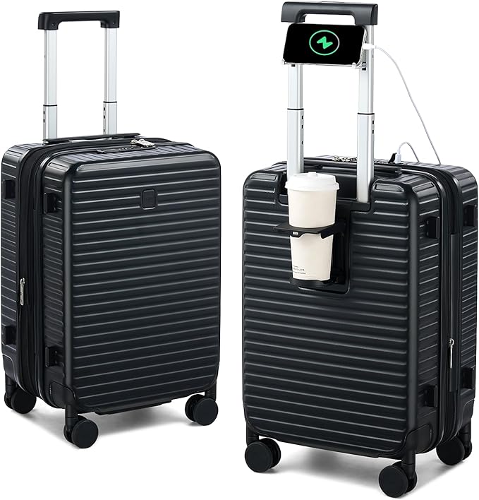 Hard Shell Suitcases Airline Approved 20 Inch Carry on Luggage with Wheels, Expandable Travel Luggage with Cup Holder Charger Built in Lightweight Small Suitcase, Black