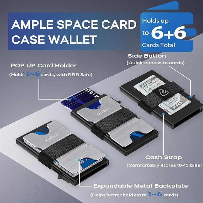 Mens Business Card Holder, Slim Card Wallet for Men and Women, Minimalist RFID Blocking Wallet with Pop-Up Function, Thin Design, Metal Cases Holds 6+6 Cards, Gifts for Men, Men's Accessories