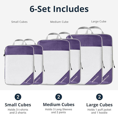 Compression Packing Cubes 6 Set, Compressible Space-Saving Packing Cubes for Travel - Compression Bags, Luggage Organizer, Travel Essentials for Women, Purple