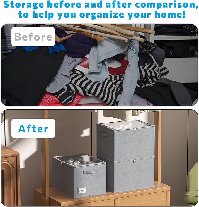 2 Pack Shoe Organizer for Closet - Shoe Storage Bins with Clear Cover, Fabric Shoe Storage Containers with Reinforced Handles, Fits up to 24 Pairs (Grey, 16.5 * 12.6 * 12.2in)