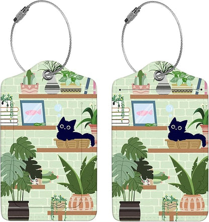 2 Pcs Luggage Tags for Suitcase, Cute Unique PU Leather Travel Bag Tag with Privacy Cover ID Label Address Card and Durable Metal Ring Suitable for Men Women Children Backpack,Cat On The Shelf