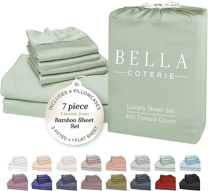 Bella Coterie 7 Piece Luxury Bamboo Viscose Split King Size Sheet Set | 2 Fitted Sheets for Adjustable Beds | 100% Organically Grown | Cooling for Hot Sleepers | 4 Pillowcases [Sea Glass]