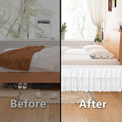 Full Bed Skirt, Double-Layered Ruffled Eyelet Bed Skirt, Wrap-Around Elastic Dust Ruffle Full Size with Gathered Styling and Embroidered Details, 18" Drop Length (White)