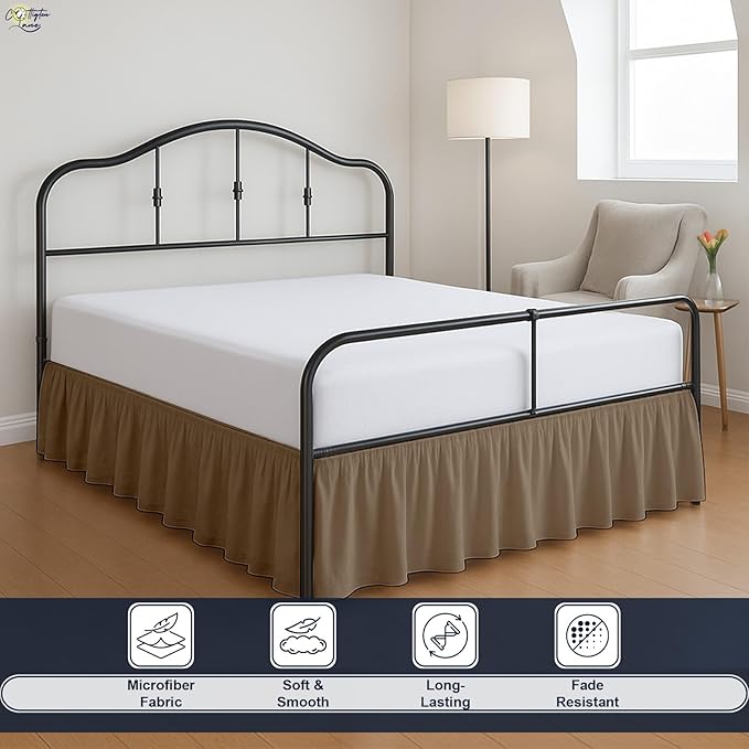 Cottington Lane Ruffled Bed Skirt Queen Size with Split Corner, Brushed Microfiber Hotel Quality Taupe Dust Ruffle, 21 Inch Drop Gathered Bedskirt, Soft and Stylish, Shrinkage and Fade Resistant