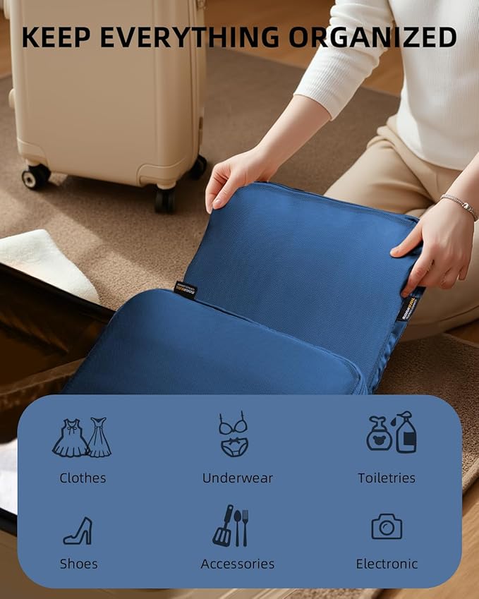 6 Set Compression Packing Cubes for Travel, Large Medium Small Luggage Organizers, Storage Bags for Clothes (6 Pack, Dark Blue)