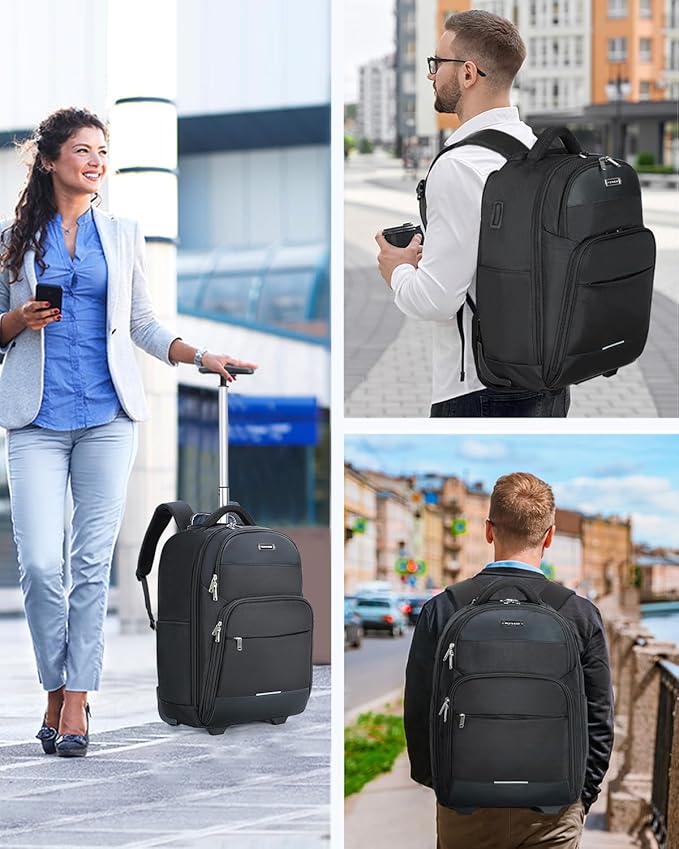 Rolling Backpack, 30L Travel Laptop Backpack with Wheels, 15.6 Inch Roller Carry on Luggage with USB Charging Port, Flight Approved Personal Item Wheeled Suitcase for Men Women Adults, Black